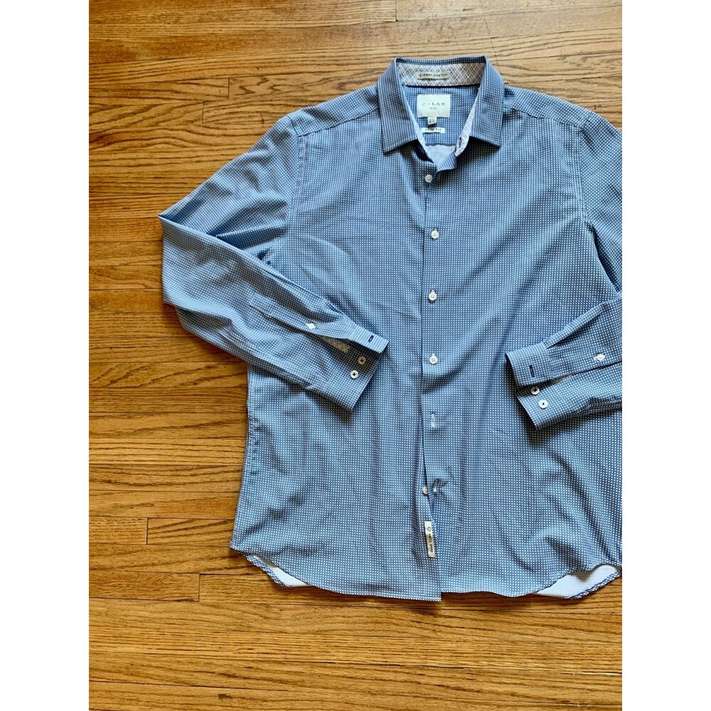 C-LAB NYC Large Slim Fit Dress Shirt blue Geometric 4 Way Stretch Polyester ligh - Picture 3 of 7